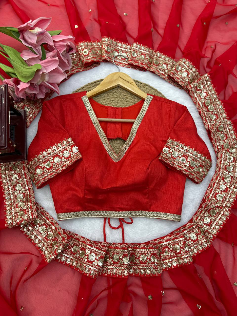 Red Rich Golden Embroidery Border Saree With Full Sleeve Blouse | Perfect for Durga Puja & Karwa Chauth
