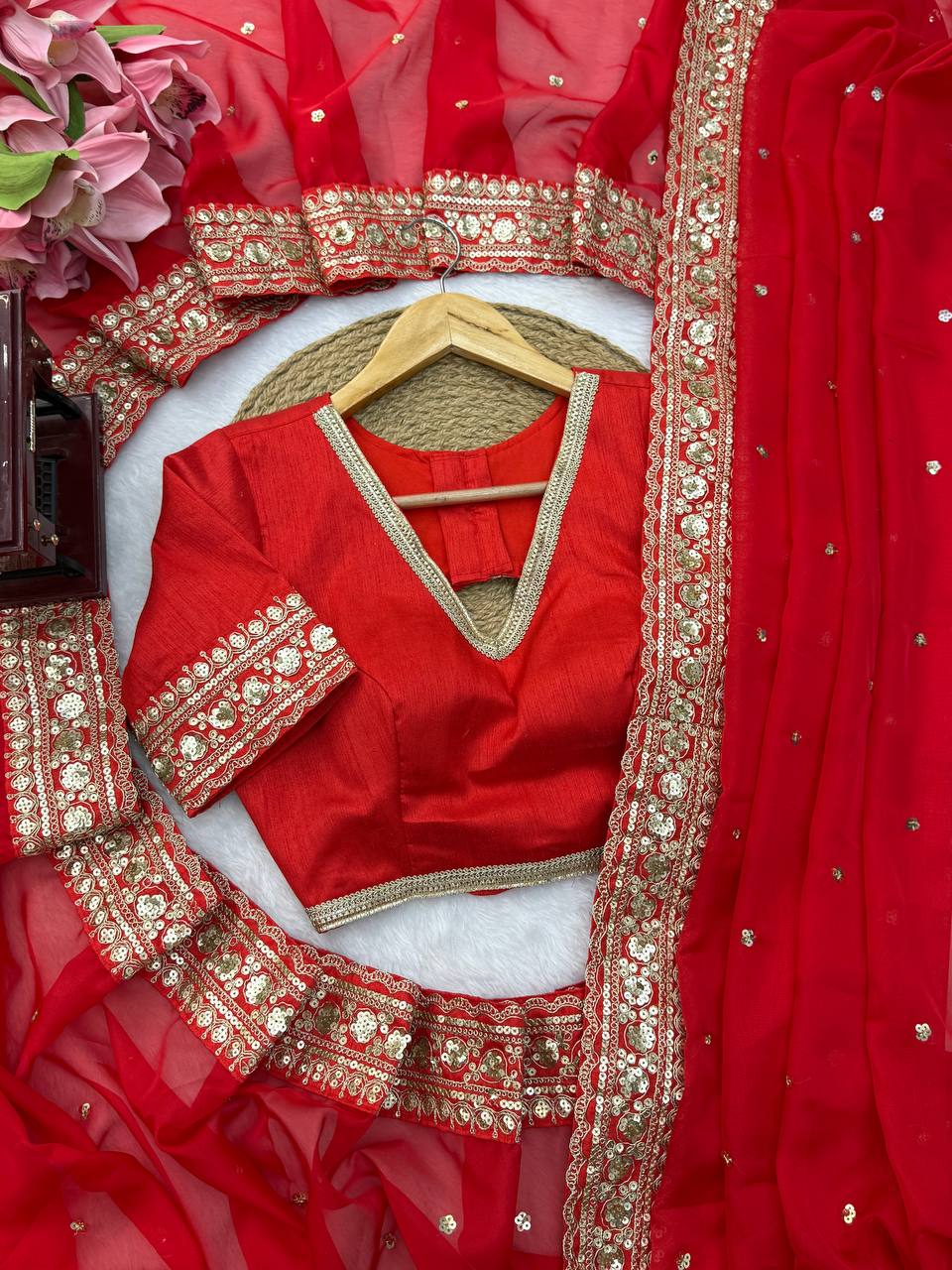 Red Rich Golden Embroidery Border Saree With Full Sleeve Blouse | Perfect for Durga Puja & Karwa Chauth