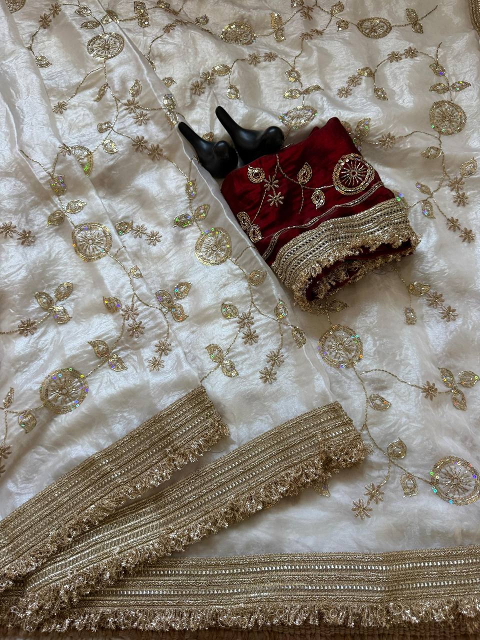 Off-White Pure Fancy Satin Saree with Maroon Floral Sequin Embroidery Blouse & Fringe Lace