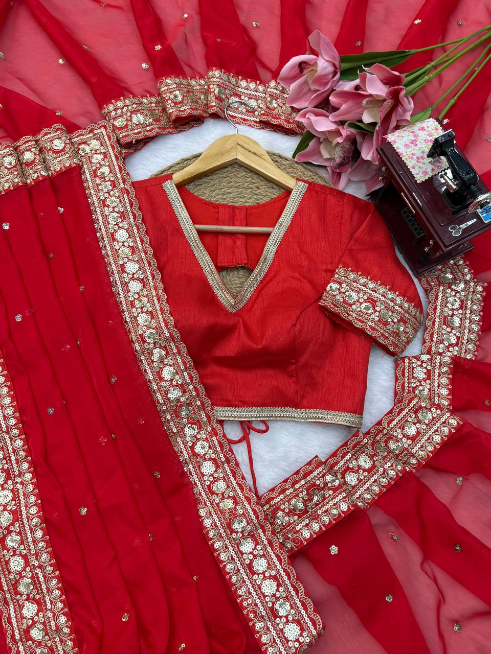 Red Rich Golden Embroidery Border Saree With Full Sleeve Blouse | Perfect for Durga Puja & Karwa Chauth