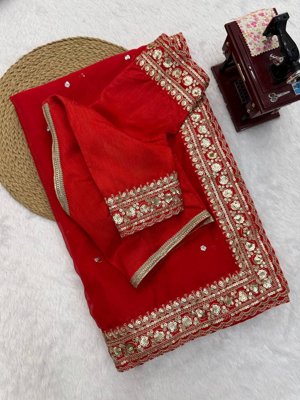 Red Rich Golden Embroidery Border Saree With Full Sleeve Blouse | Perfect for Durga Puja & Karwa Chauth