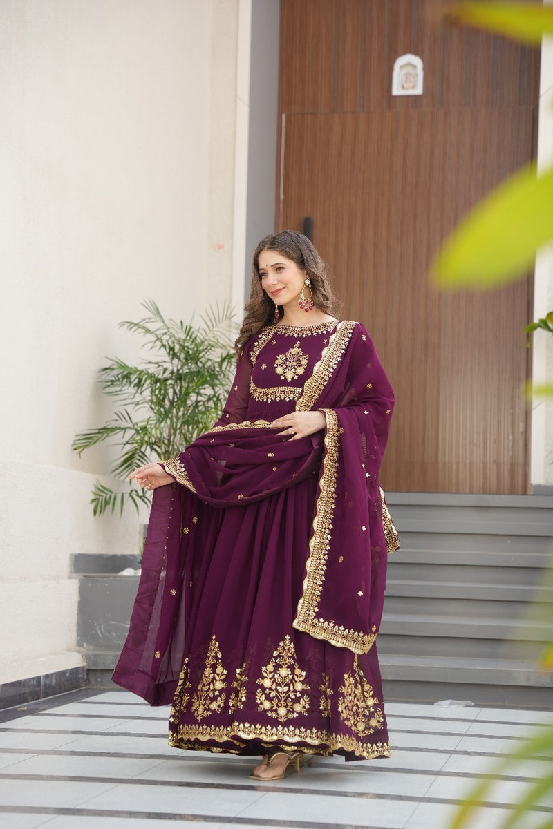 Heavy Designer Gown in Wine Georgette With Sequence Embroidery Work and Dupatta