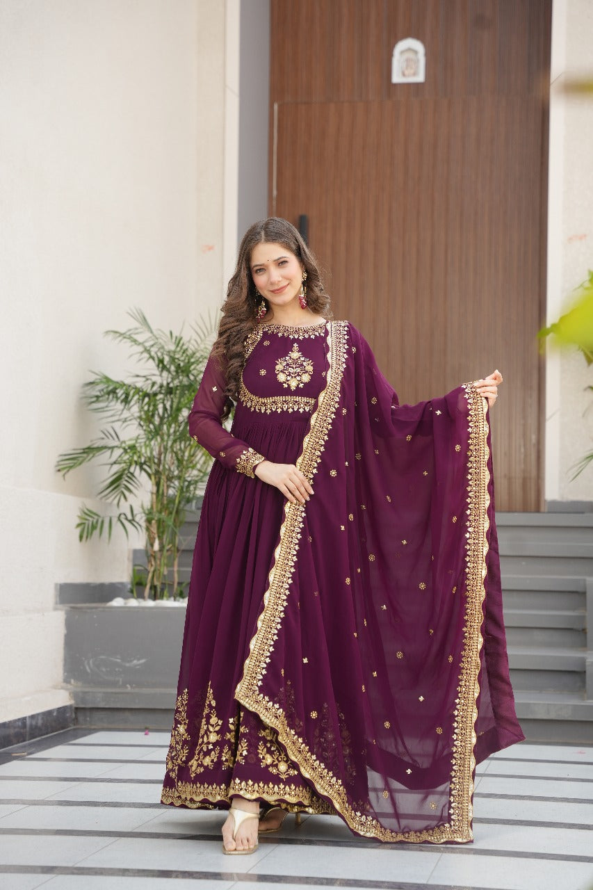 Heavy Designer Gown in Wine Georgette With Sequence Embroidery Work and Dupatta