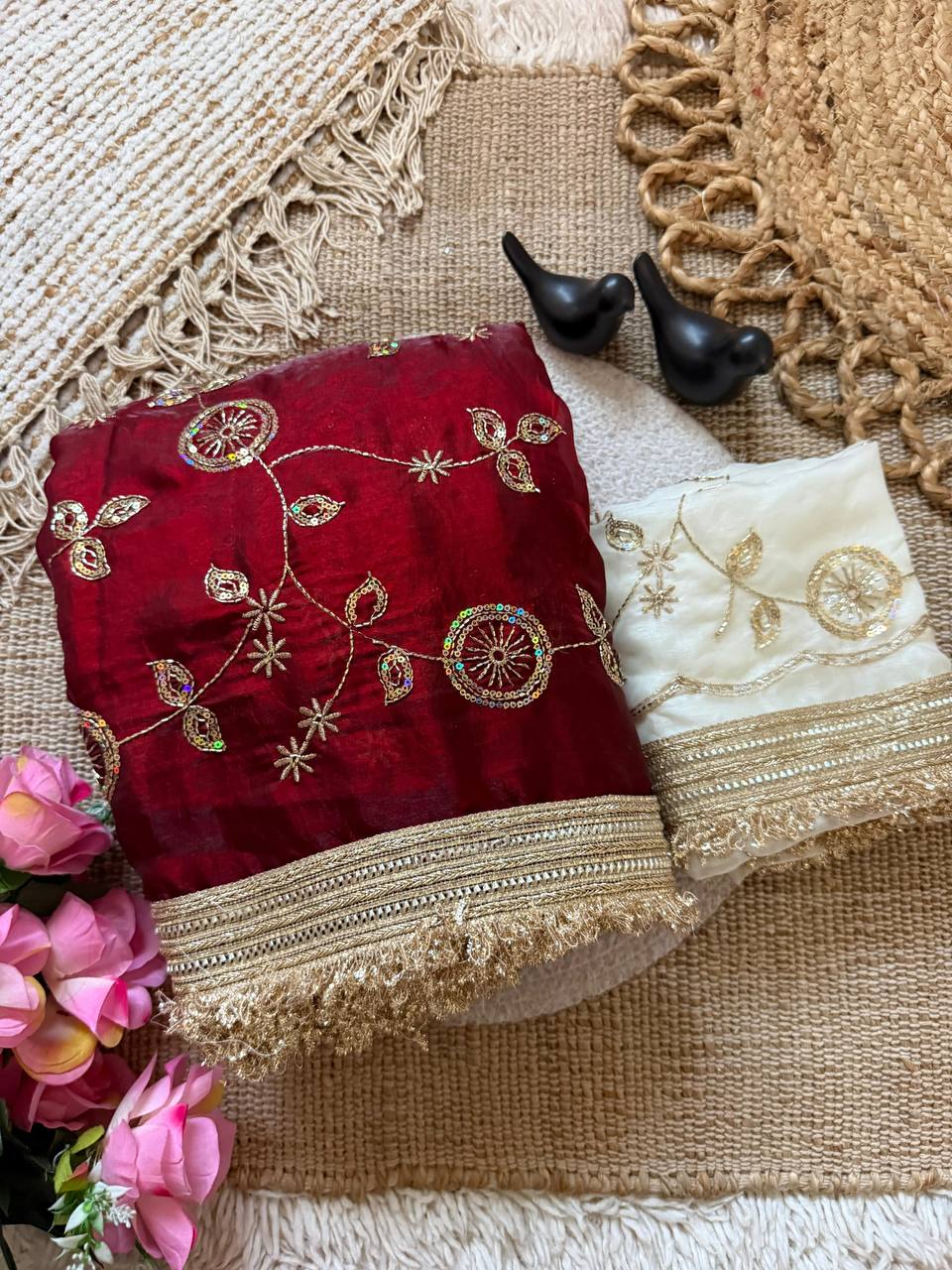 Maroon Red Pure Fancy Satin Saree with Off-White Floral Sequin Embroidery Blouse & Fringe Lace