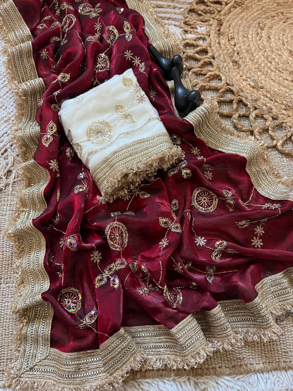 Maroon Red Pure Fancy Satin Saree with Off-White Floral Sequin Embroidery Blouse & Fringe Lace