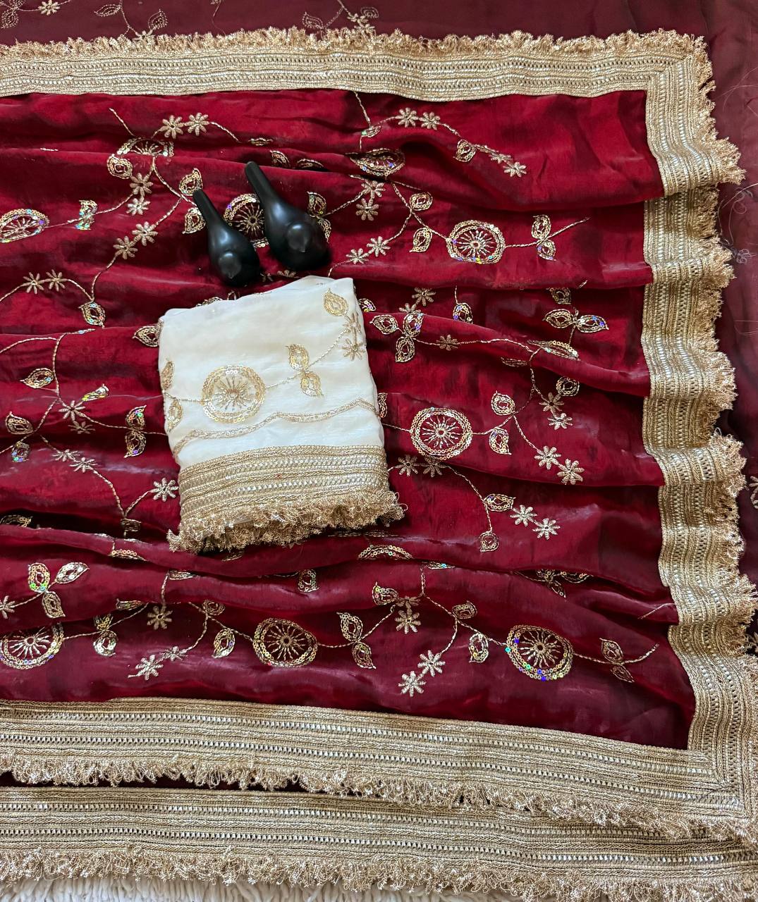 Maroon Red Pure Fancy Satin Saree with Off-White Floral Sequin Embroidery Blouse & Fringe Lace
