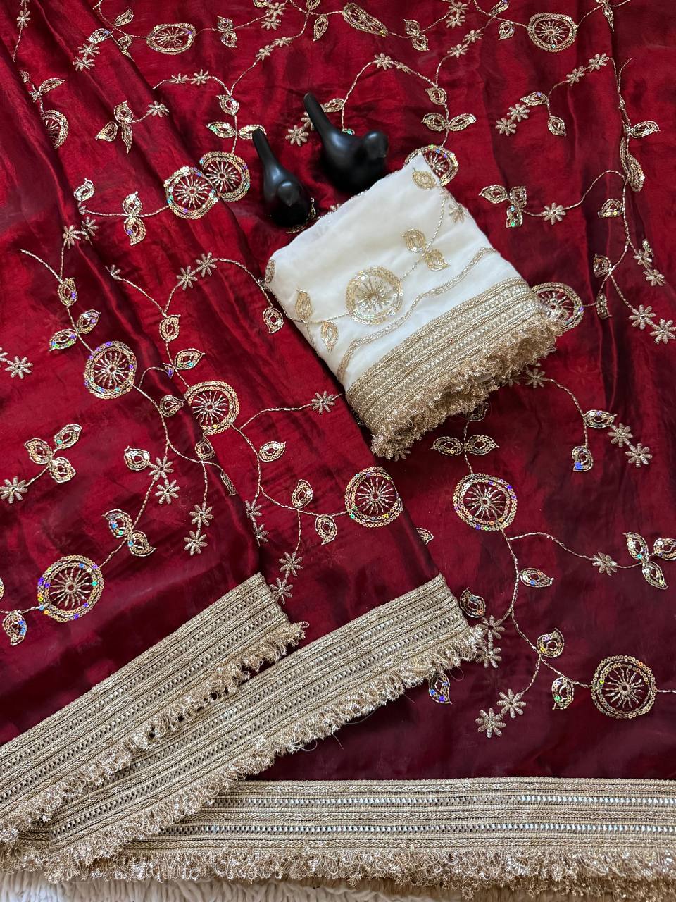 Maroon Red Pure Fancy Satin Saree with Off-White Floral Sequin Embroidery Blouse & Fringe Lace