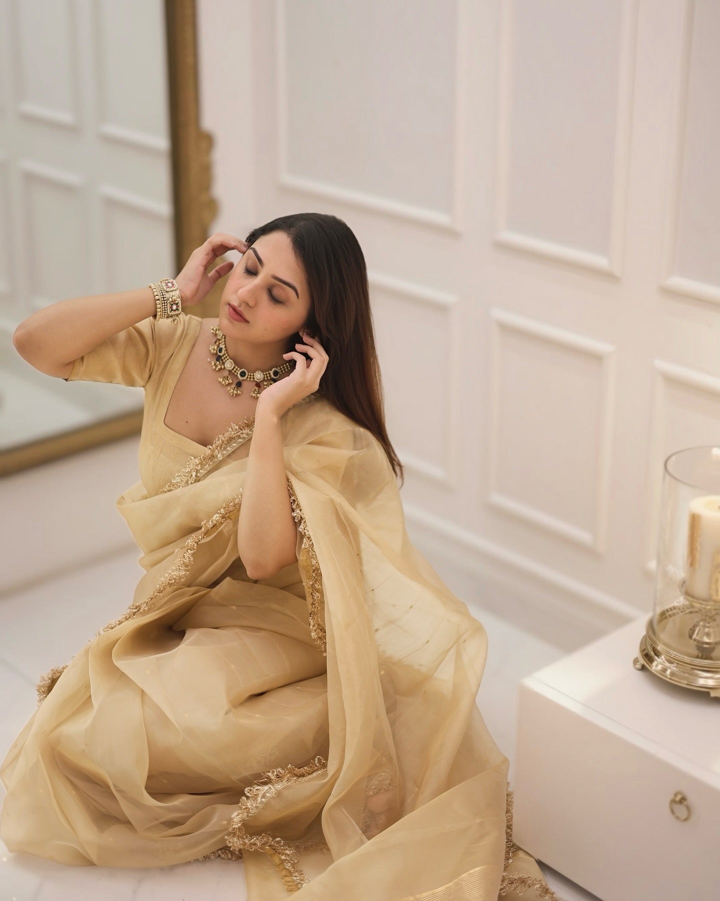 Beige Gold Fendy Silk With Far Border Saree