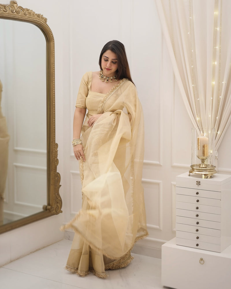 Beige Gold Fendy Silk With Far Border Saree