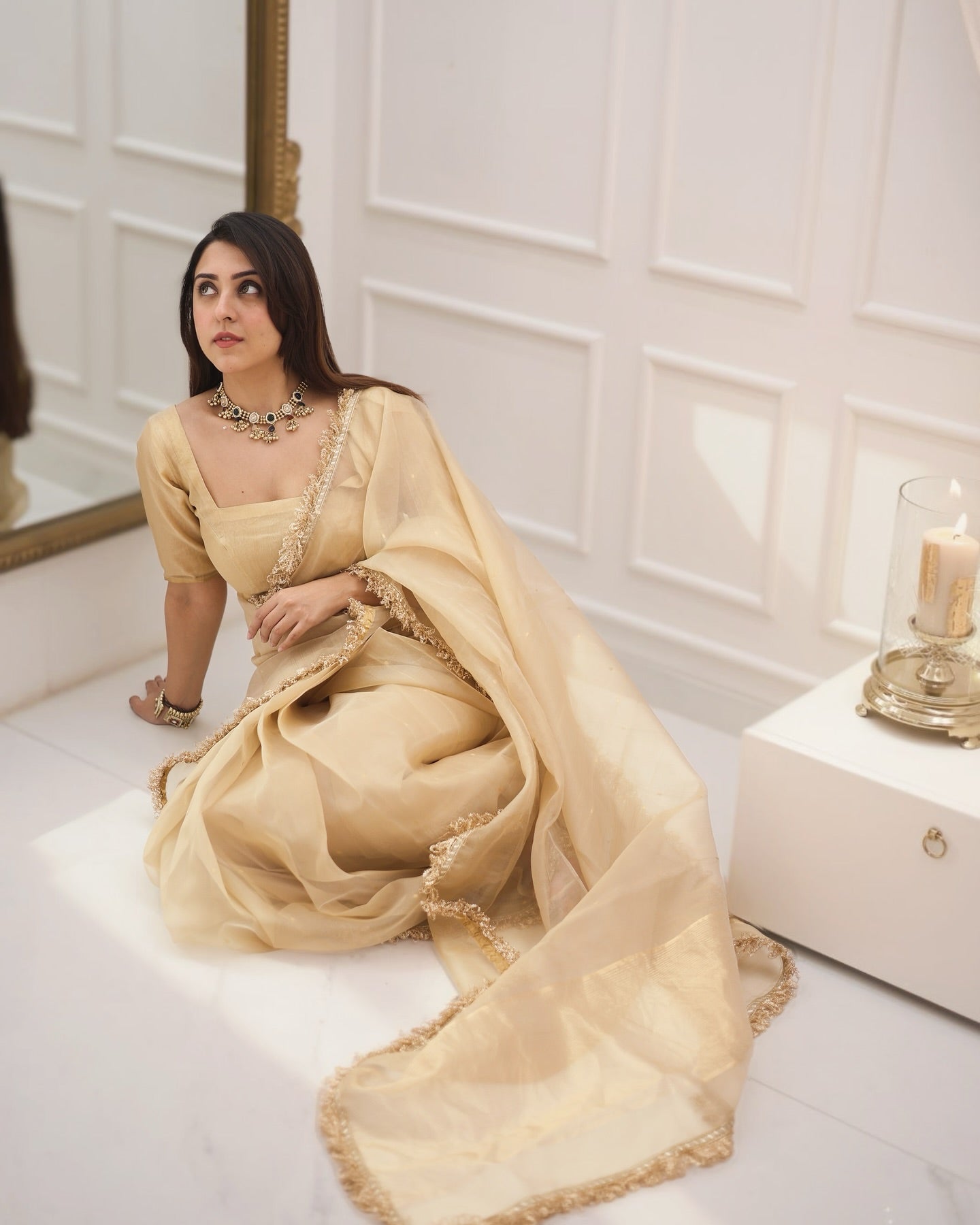 Beige Gold Fendy Silk With Far Border Saree