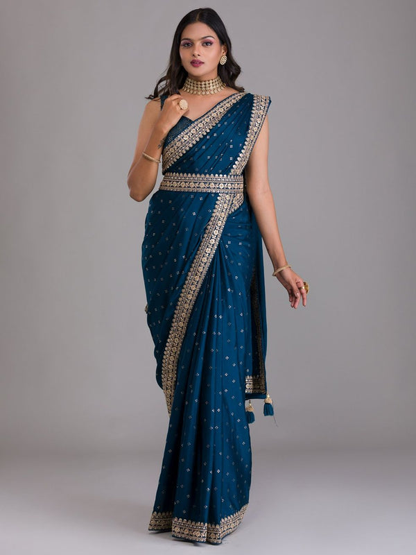 Exclusive Beautiful Peacock Blue Color Silk Saree with Zari embroidery with sequins work Sari