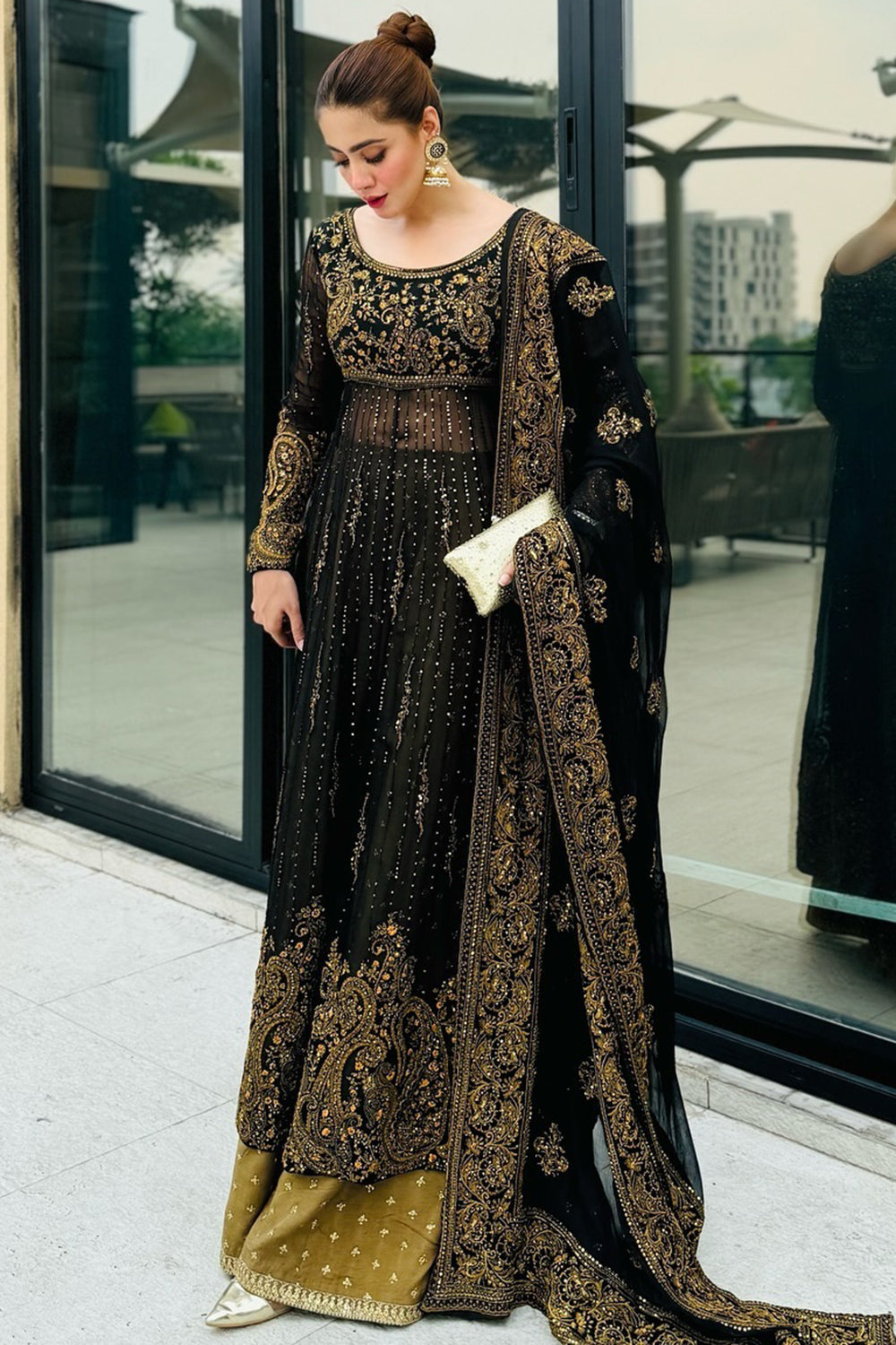 black and gold eid dress Black Arabic Dress in Georgette With Zari and Sequins Work Eid Collection