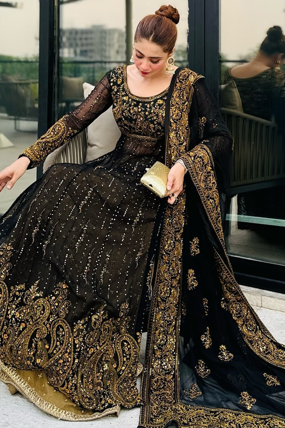 Embroidered Black & Gold Eid Suit Pakistani Salwar Suit Kameez Dress