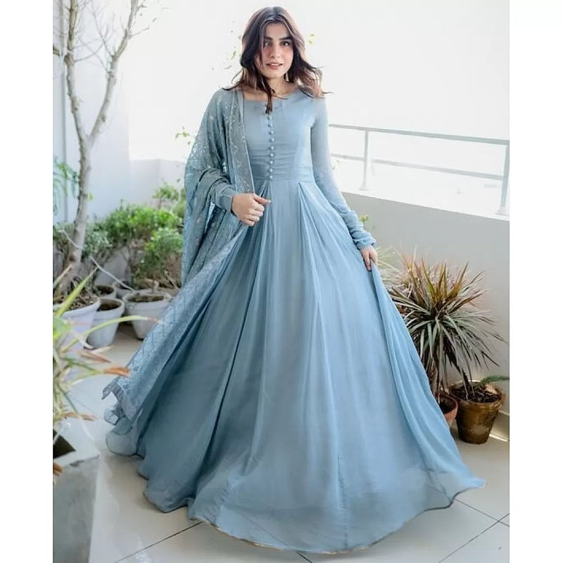 Blue Readymade Plain Gown With Dupatta 279GW03