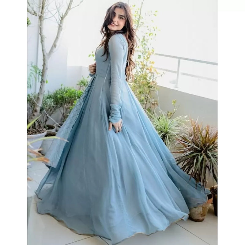 Turquoise Sequence Embroidery Wedding Anarkali Gown - Hijab Online