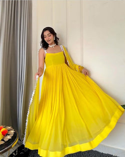 Haldi Special Yellow Color Faux Georgette Gown With Dupatta