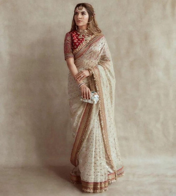 Off White Organza Ilk With Embroidery Thread + Sequence Butti Work Saree