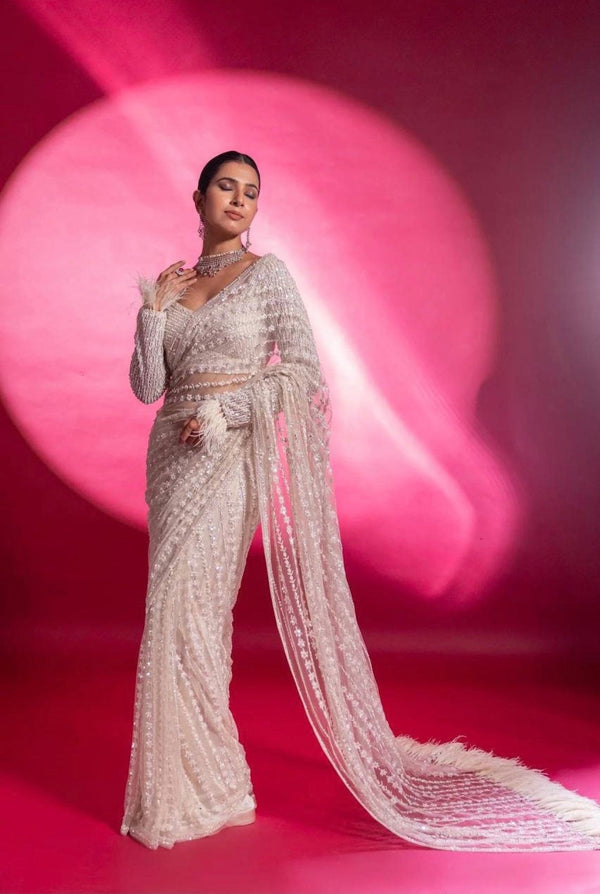 Bollywood model net white fancy work wedding Celebrity saree