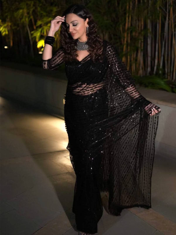 Designer Black Sequins Saree With Unstitched Blouse