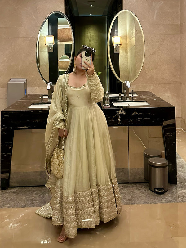 Neha’s Beige Dress Festive Anarkali Suit Set For Wedding & Diwali Outfit