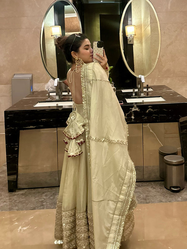 Neha’s Beige Dress Festive Anarkali Suit Set For Wedding & Diwali Outfit
