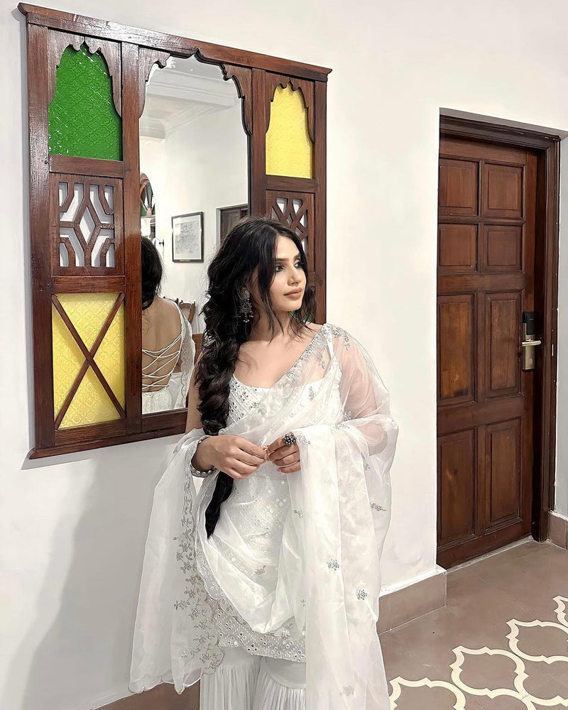 Radiant White Embroidered Sharara Suit Set with Designer Kurta and Dupatta