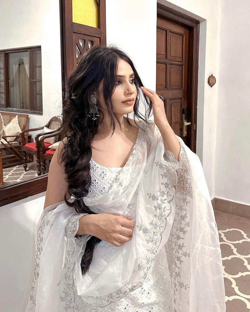 Radiant White Embroidered Sharara Suit Set with Designer Kurta and Dupatta