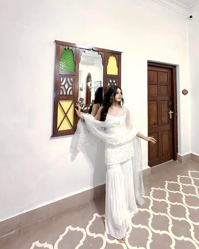 Radiant White Embroidered Sharara Suit Set with Designer Kurta and Dupatta