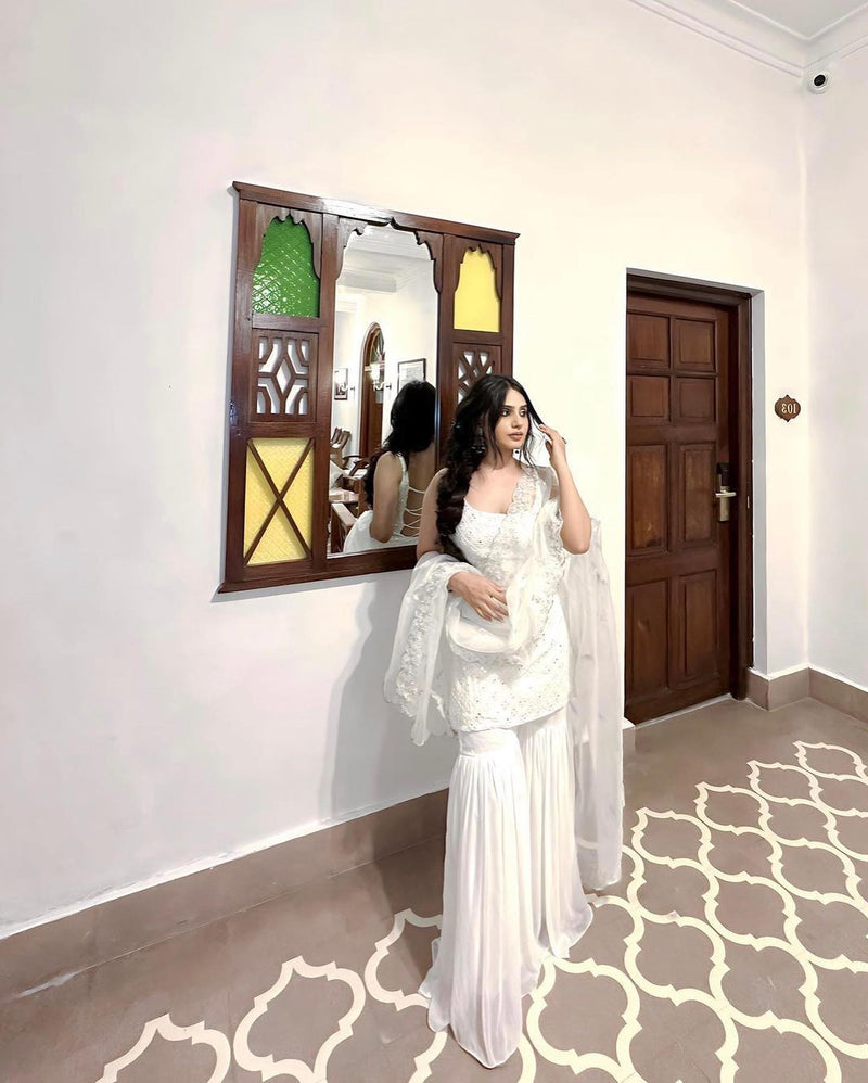 Radiant White Embroidered Sharara Suit Set with Designer Kurta and Dupatta
