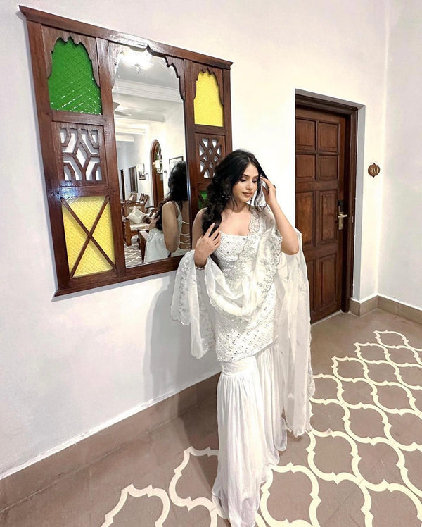 Radiant White Embroidered Sharara Suit Set with Designer Kurta and Dupatta