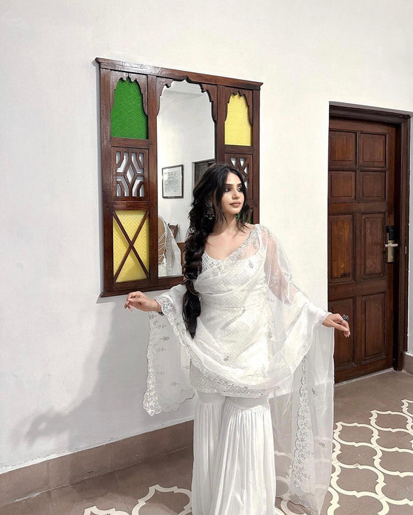 Radiant White Embroidered Sharara Suit Set with Designer Kurta and Dupatta