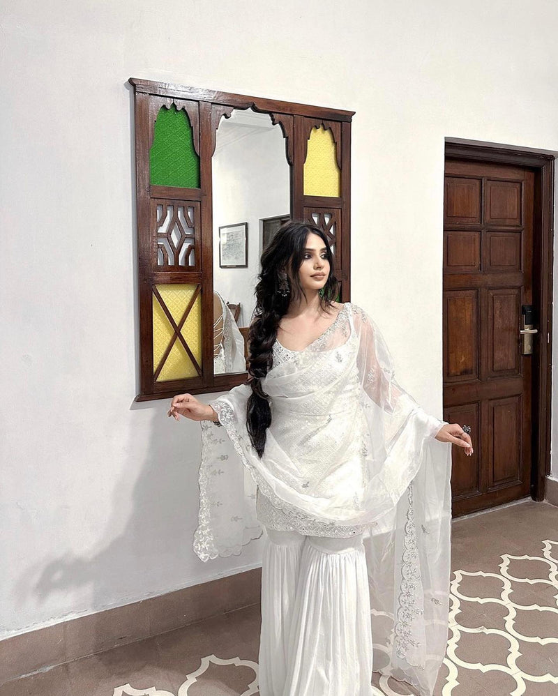 Radiant White Embroidered Sharara Suit Set with Designer Kurta and Dupatta