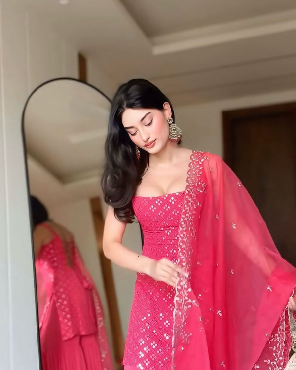 Designer Rani Pink Sharara Suit with Embroidered Kurta and Dupatta