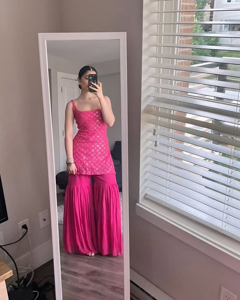 Designer Rani Pink Sharara Suit with Embroidered Kurta and Dupatta