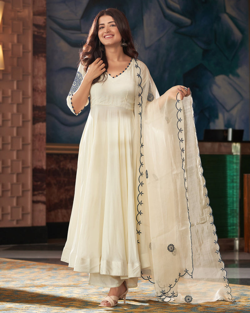 Kalakriti Blue Cream Embroidered Anarkali  Suit Set