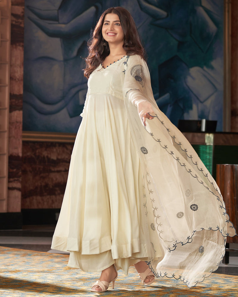 Kalakriti Blue Cream Embroidered Anarkali  Suit Set