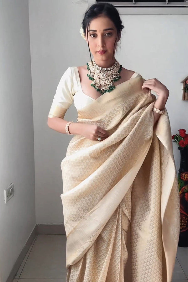 Demesne 1-Minute Ready To Wear Beige Kanjivaram Silk Saree