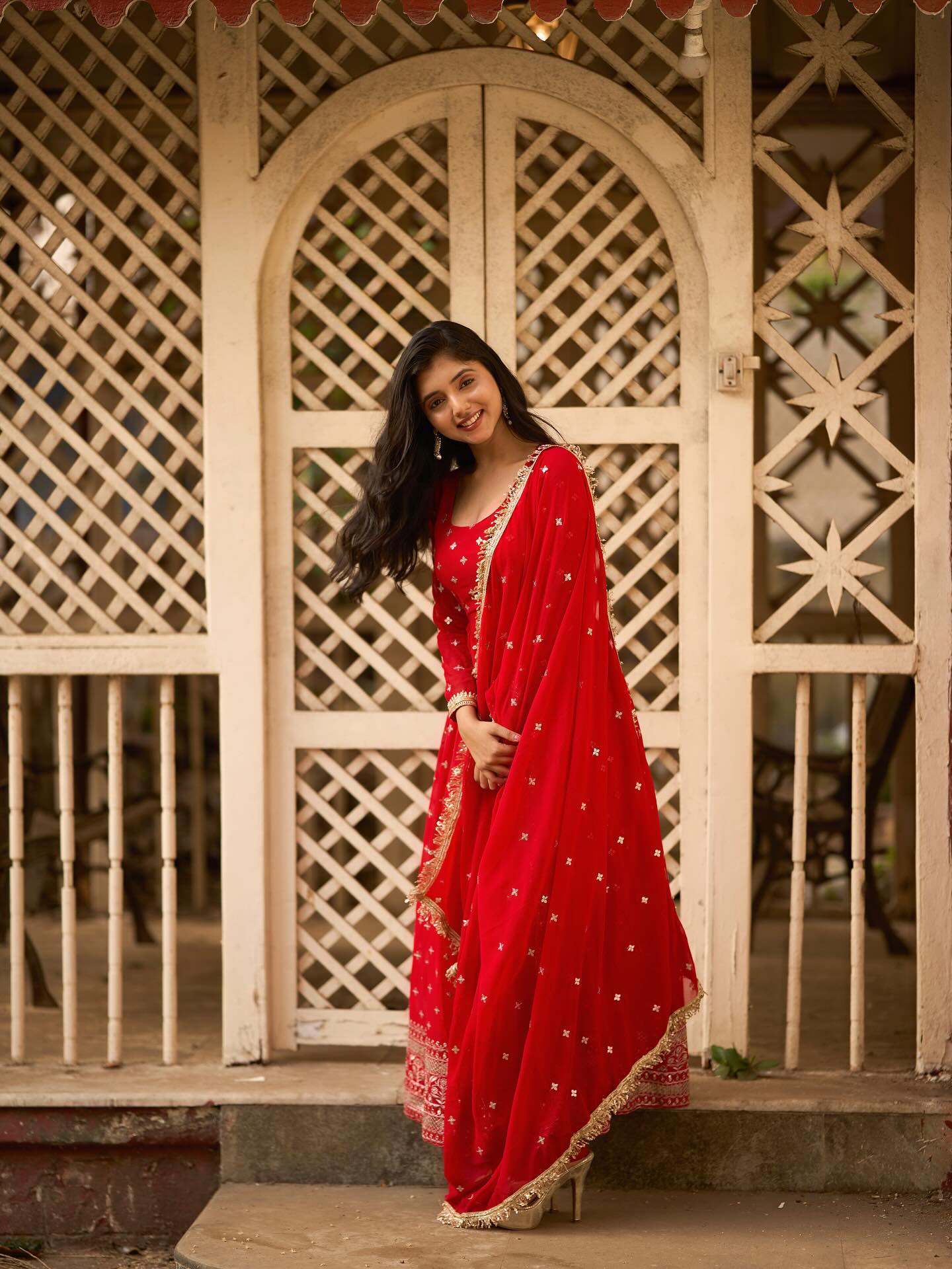 Radiance Red Anarkali Suit with Dupatta – Perfect Durga Puja & Karwa Chauth Dress