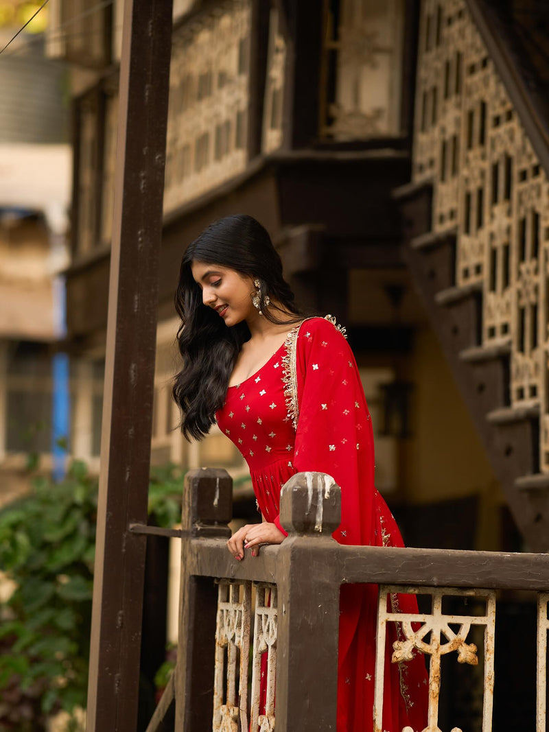Radiance Red Anarkali Suit with Dupatta – Perfect Durga Puja & Karwa Chauth Dress