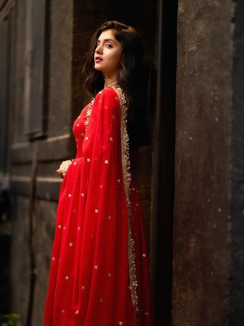 Radiance Red Anarkali Suit with Dupatta – Perfect Durga Puja & Karwa Chauth Dress