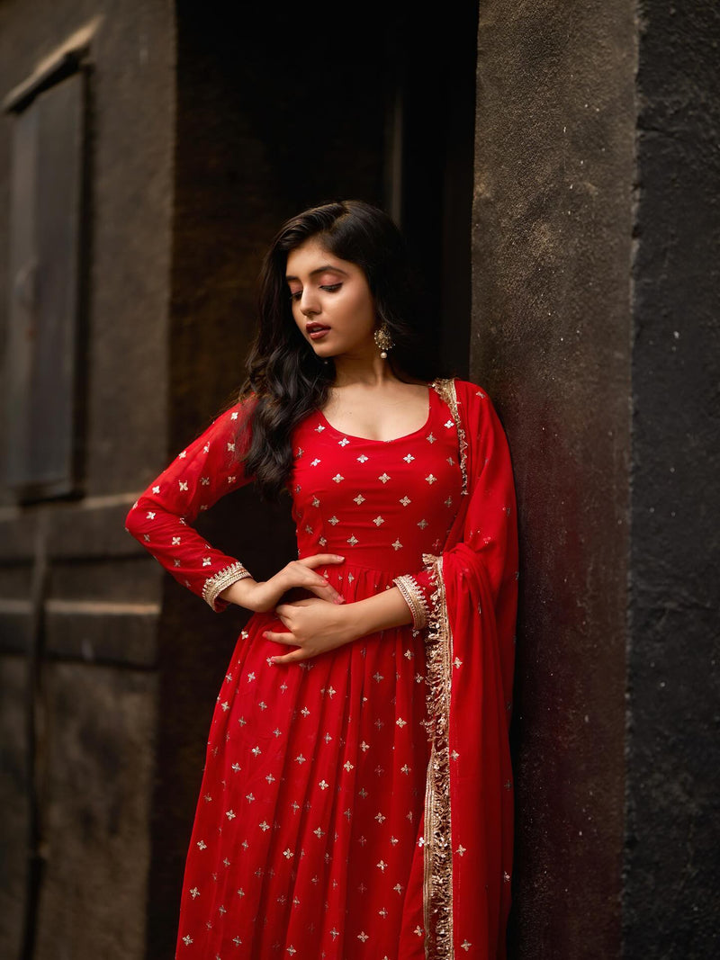 Radiance Red Anarkali Suit with Dupatta – Perfect Durga Puja & Karwa Chauth Dress