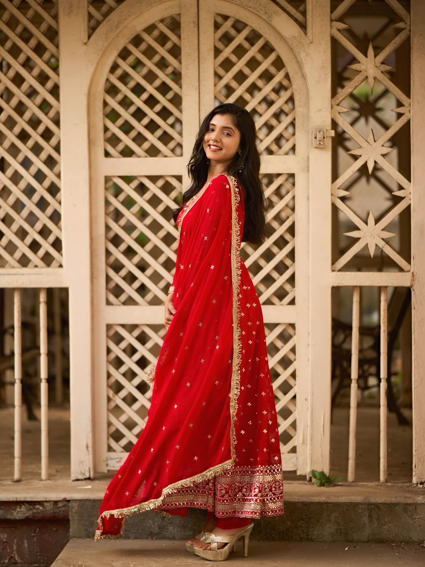 Radiance Red Anarkali Suit with Dupatta – Perfect Durga Puja & Karwa Chauth Dress