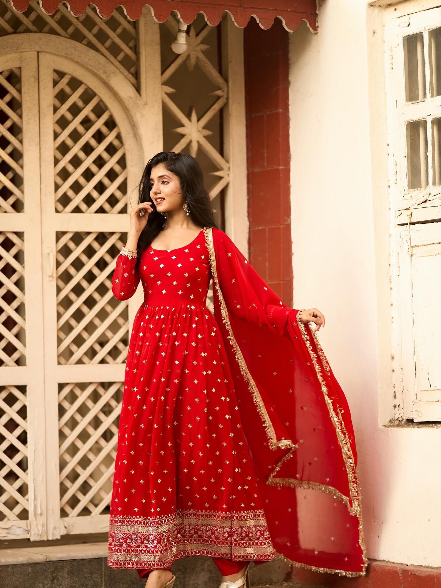 Radiance Red Anarkali Suit with Dupatta – Perfect Durga Puja & Karwa Chauth Dress