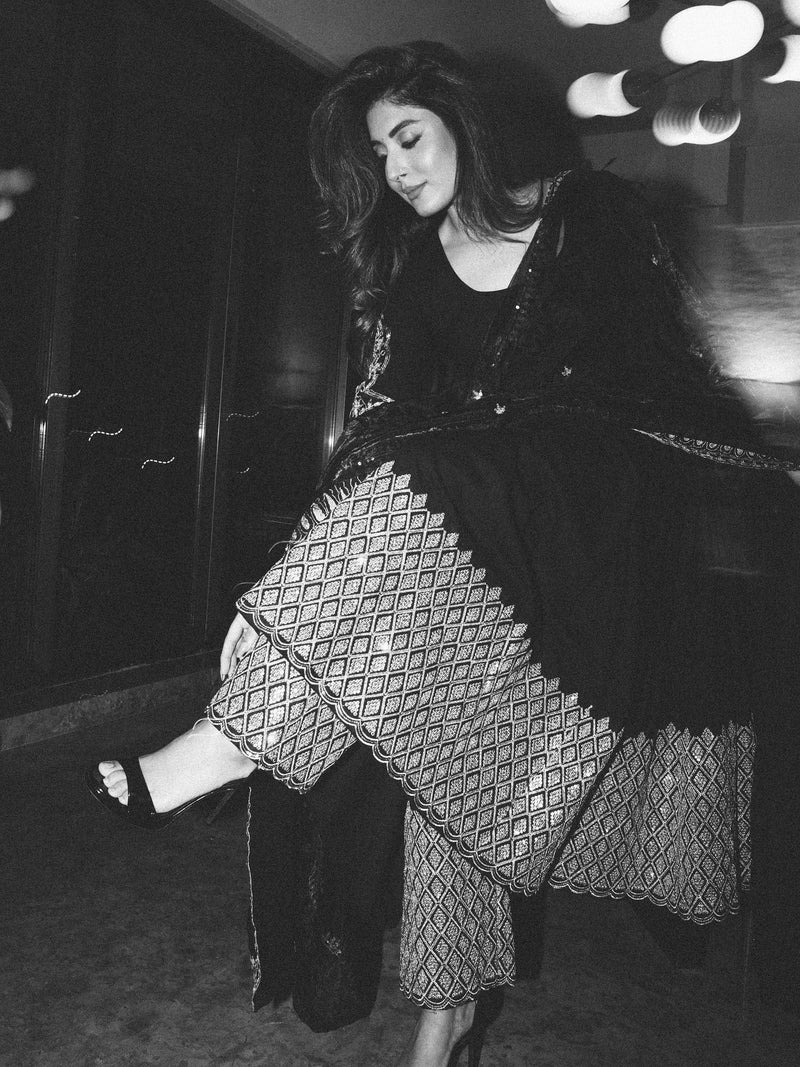 Prakriti Black Premium Festive Suit with Rich Golden Motifs and Organza Dupatta