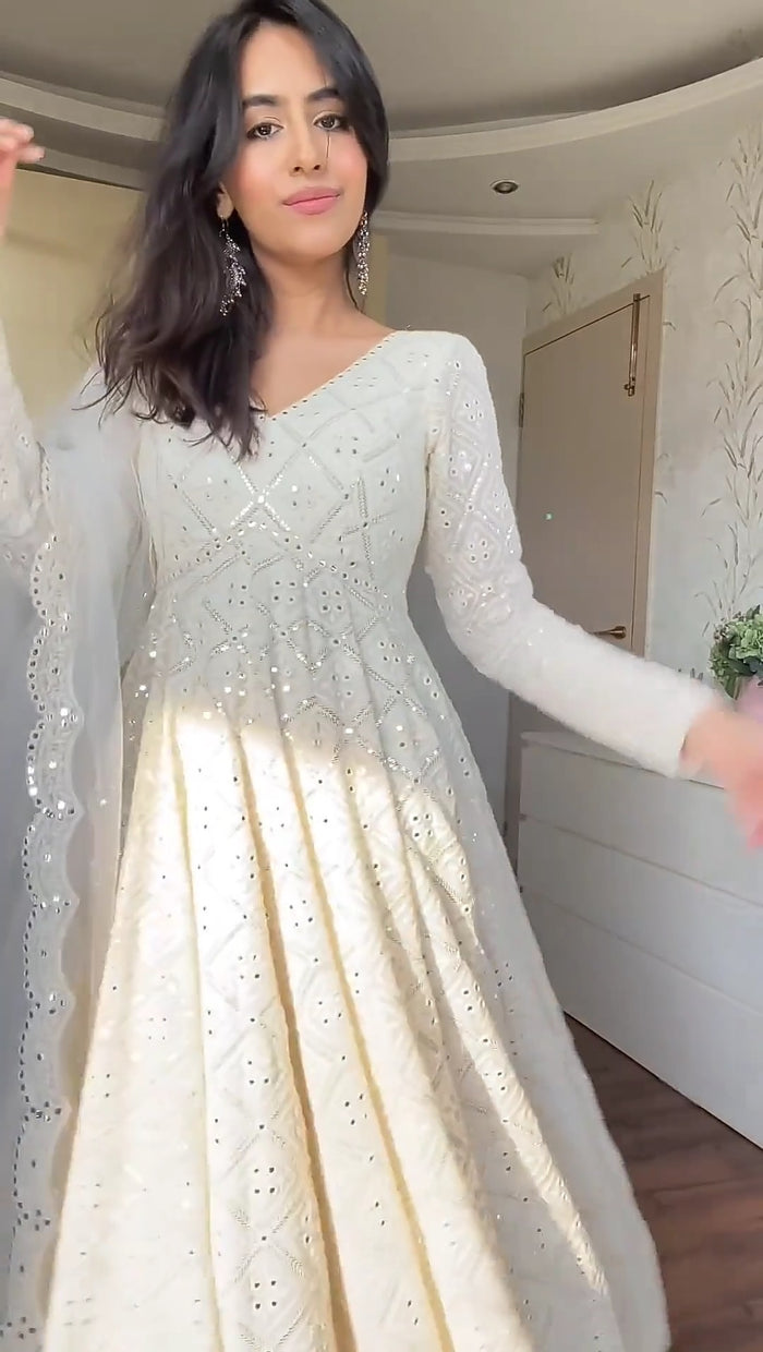 White Embroidered Georgette Fully Stitched Anarkali Suit Set subhvastra White Embroidered Georgette Fully Stitched Anarkali Suit Set subhvastra