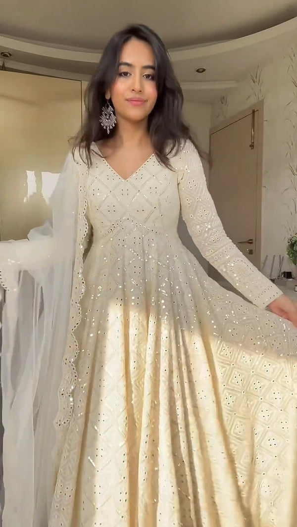 White Embroidered Georgette Fully Stitched Anarkali Suit Set