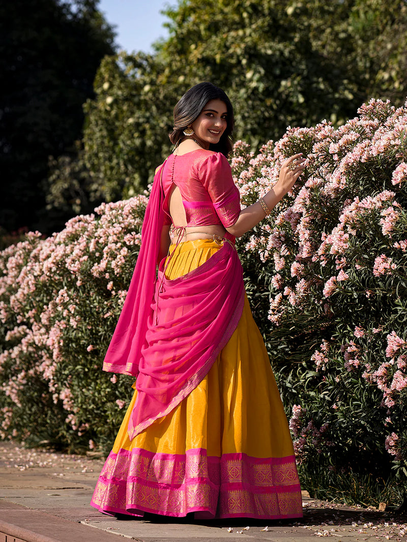 Mustard Color Zari Weaving Work Kanchipuram South Indian Lehenga Choli