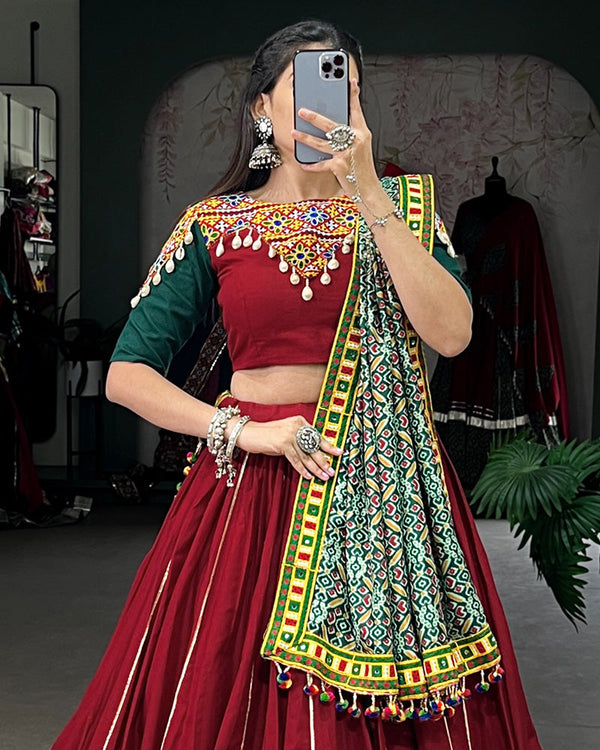 Maroon Color Cotton Real Mirror Navratri Lehenga Choli