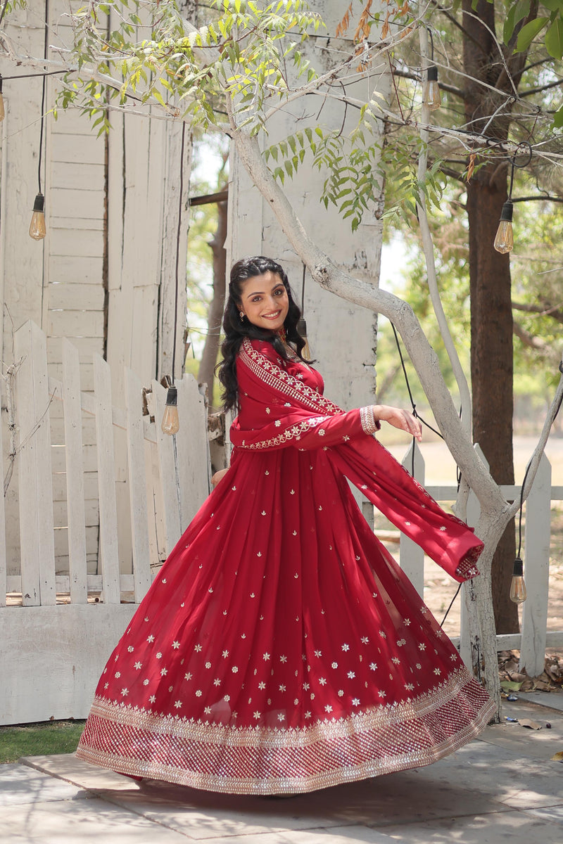 Maroon Color Faux Blooming Rich Sequence Embroidered Gown