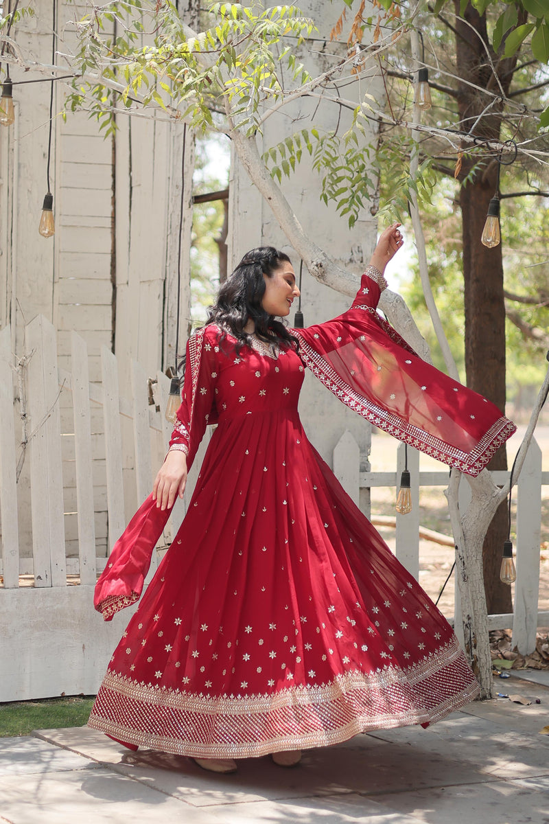 Maroon Color Faux Blooming Rich Sequence Embroidered Gown